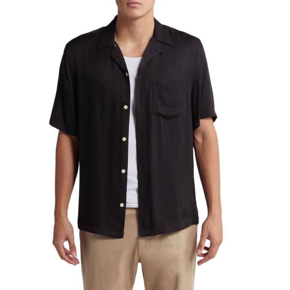 NWT AllSaints men sunsmirk embroided black camp shirt. Size XS
